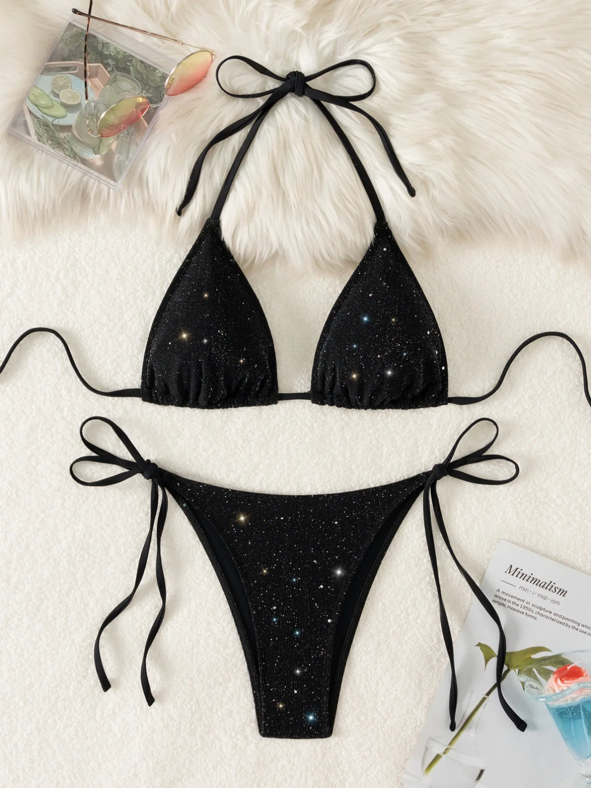DEKA Triangular Shiny Bikini Set Sparkling Halter Strappy High Cut Bikini Female Thong Swimsuit Women Swimwear Bathing Suit
