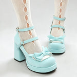 Plus Size 48 Women's Sweet Lolita Mary Jane Heels Pumps Heart Buckle Cross Ankle Strap Bow Platform 5.5cm Block Heel Goth Shoes