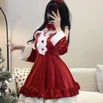 Cute Bunny Santa Christmas Costume Velvet Ruffle Mini Dress Rabbit Headband Bow Tie Xmas Holiday Cosplay Fancy Outfit For Ladies