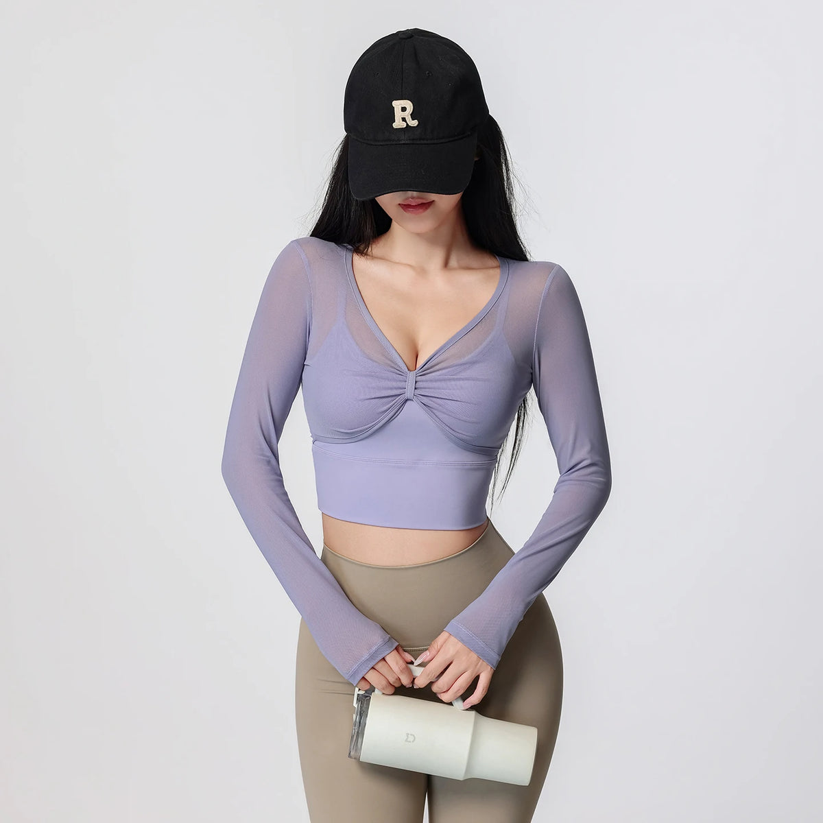Women Mesh Long Sleeve Crop Yoga Top V Neck Twist Front Built-in Bra Quick Dry Breathable Workout Running Sports Shirt