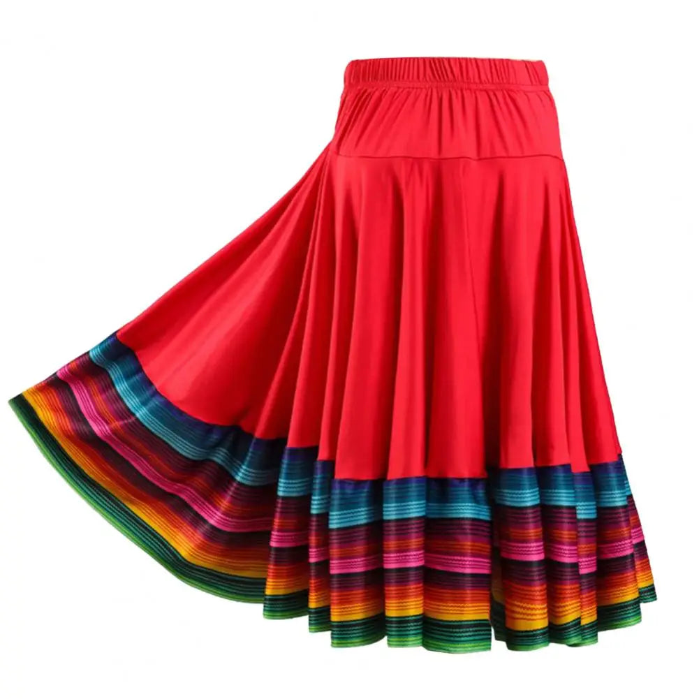 High Waist Spanish Swing Skirt Midi Skirt Ladies Folk Dance Skirt Elastic Large Swing Hem Mexican Flamenco Performance Skirts