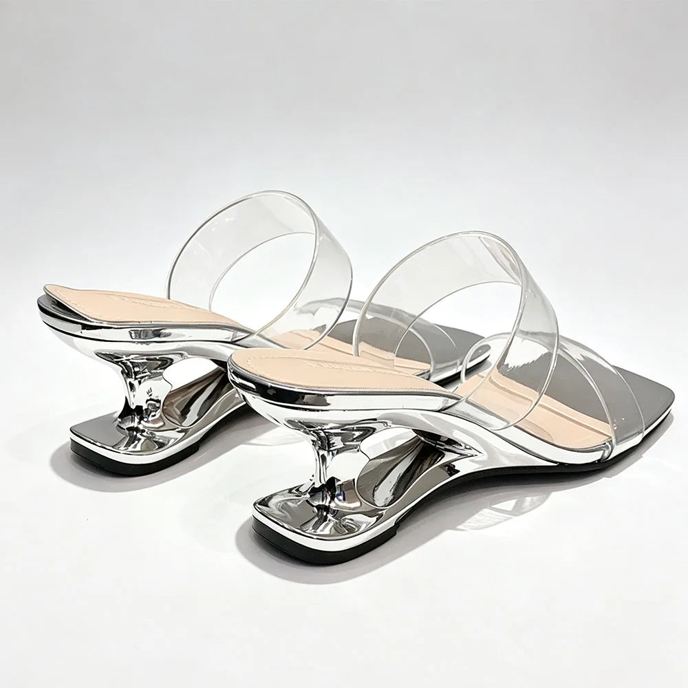 Y2K PVC Transparent Designer Sandals Women Shoes Slip On Hollow Wedge Slide Mules Beach Vacation 6cm Comfortable Walking Heels