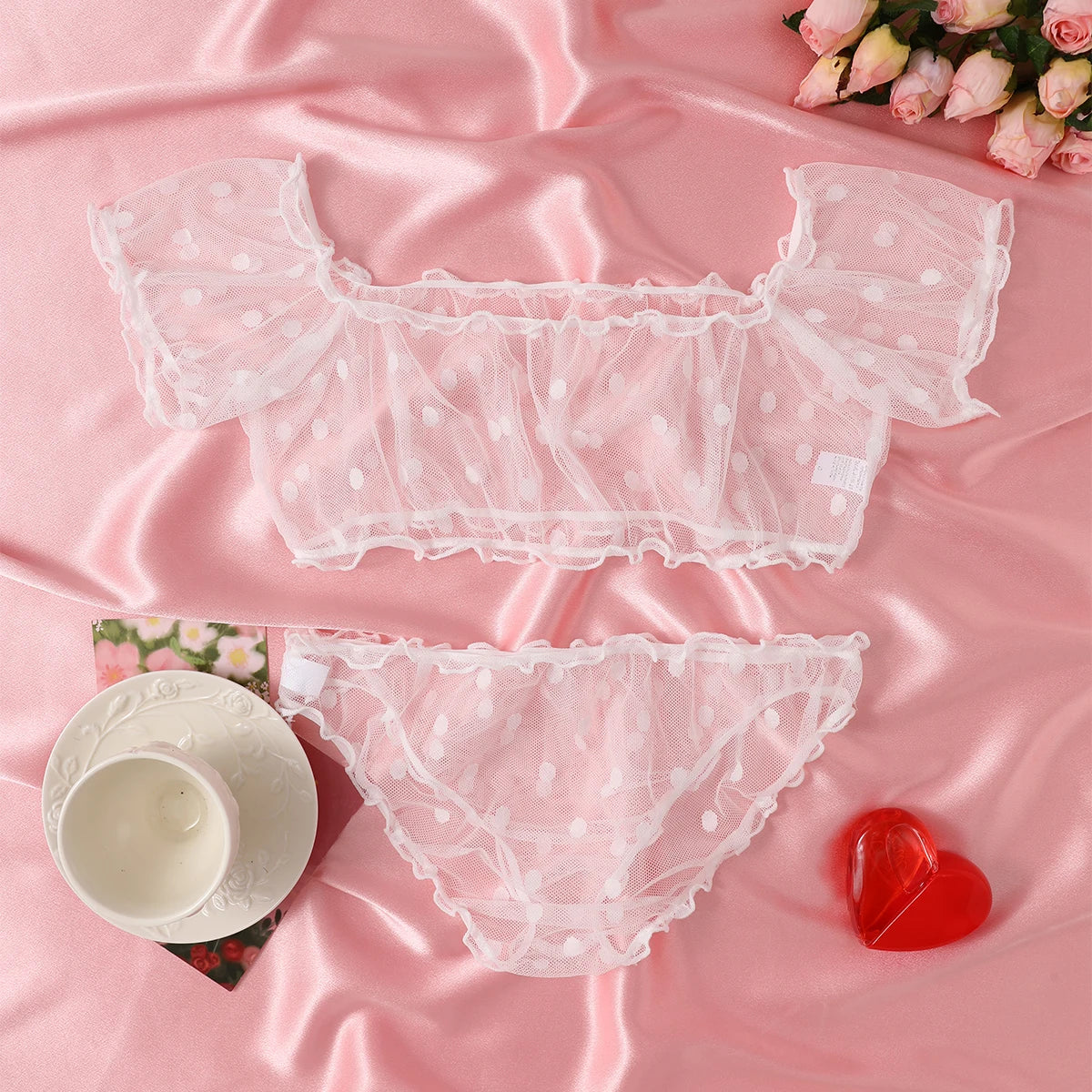 Women 2-Piece Transparent Erotic Sexy Lingerie Dot Embroidery Mesh Fancy Outfit Romantic Hot Underwear Set Bra And Panty Sets