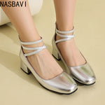 Metallic Silver Gold Women Mary Jane Pumps Square Toe Block Heel Crisscross Ankle Strap Back Zipper Elegant Party Dress Heels
