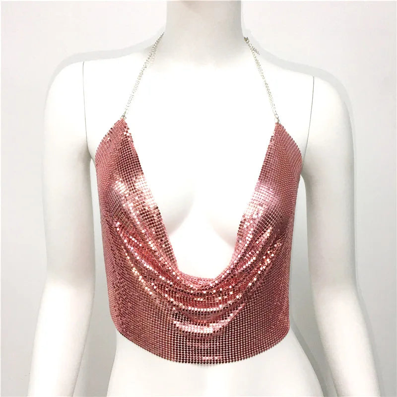 DEKA Bling Bikini Tops Deep V Neck Vest Backless Sequins Women Crop Top Night Club Diamonds Metal Tank Adjustable Halter Shiny