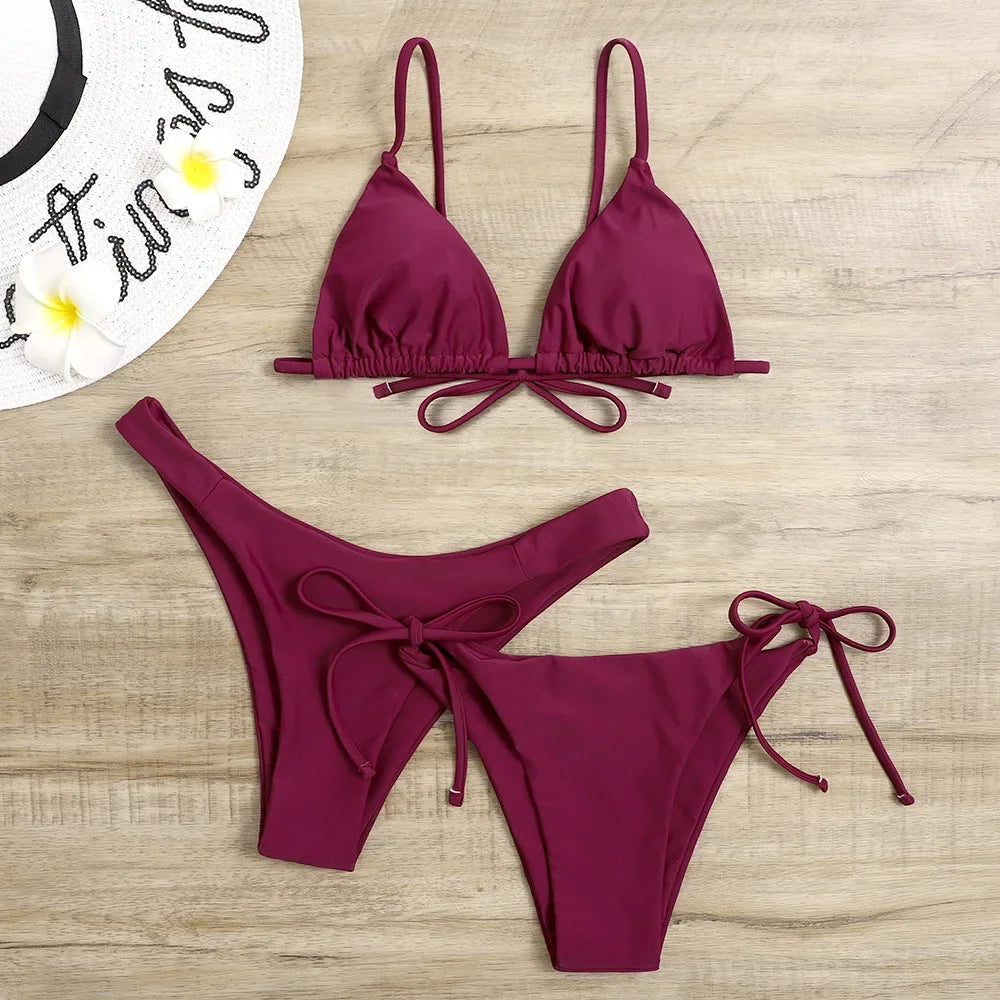 Sexy 3 Piece Bikini Set Women Solid Blue Purple Push Up Bandage Triangle Swimsuit Brazilian Beach Bathing Suit Swumwear Biquini