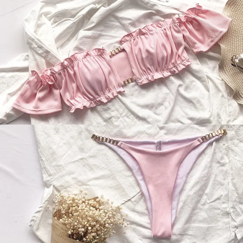 Floral Print Off Shoulder Bikini 2025 High Cut Swimsuit Women Female Brazilian Swimwear Two pieces Bikini set Bathing Suit Swim