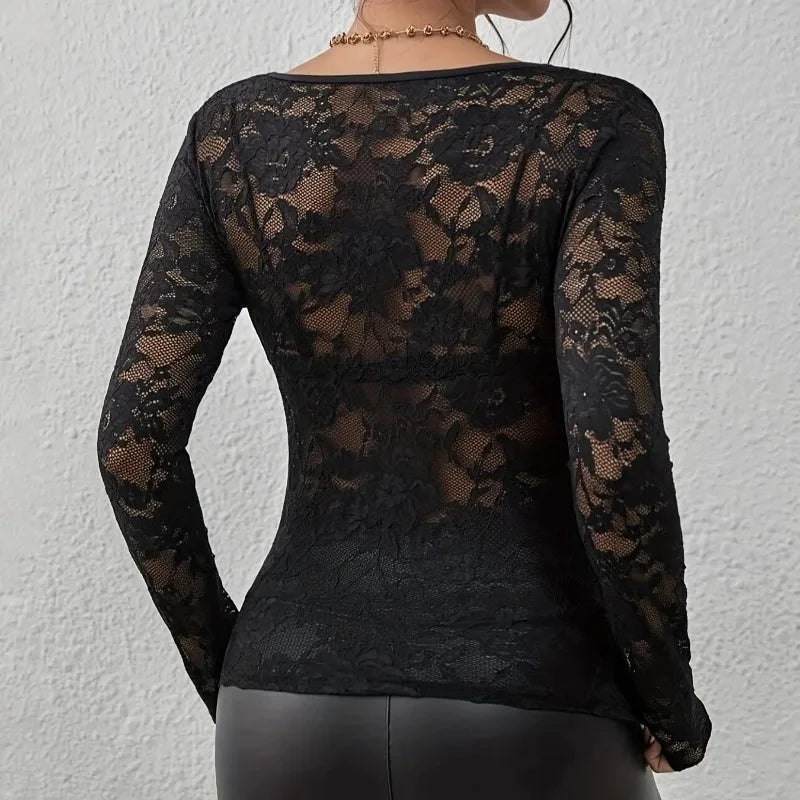 Women Sexy Base Layer Shirt Solid Black Sheer Lace Top Slim Flower Scallop Trim V Neck Long Sleeve T-shirt Trendy Tight Lace Top