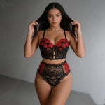 Rose Embroidered Lace Shapewear Set Longline Bustier High Waist Briefs Cutout Lingerie for Layering Bridal Boudoir Date Night