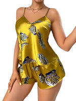 Women's 2Pcs Satin Pajama Set Zebra Print V Neck Spaghetti Strap Top and Shorts Elegant Loungewear Clothes for Women