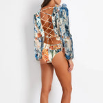 One Piece Swimsuit Sexy Long Sleeve Tropical Print Swimwear Women Bandage Monokini Hollow Out Bathing Suit String Beachwear 2023