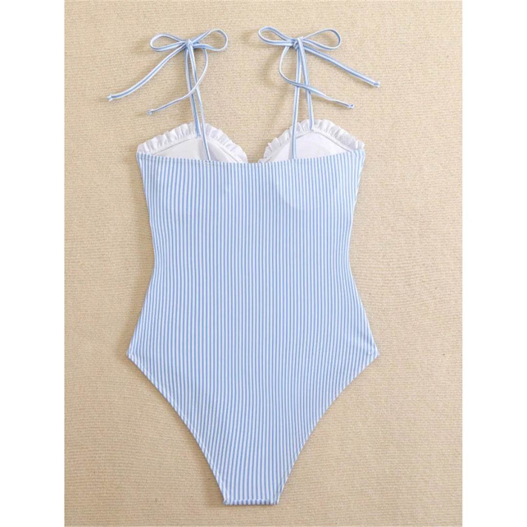 S - XL New Sexy Striped Frilled Strappy Women Swimwear One Piece Swimsuit Female Monokini Padded Bather Bathing Suit Swim V6949