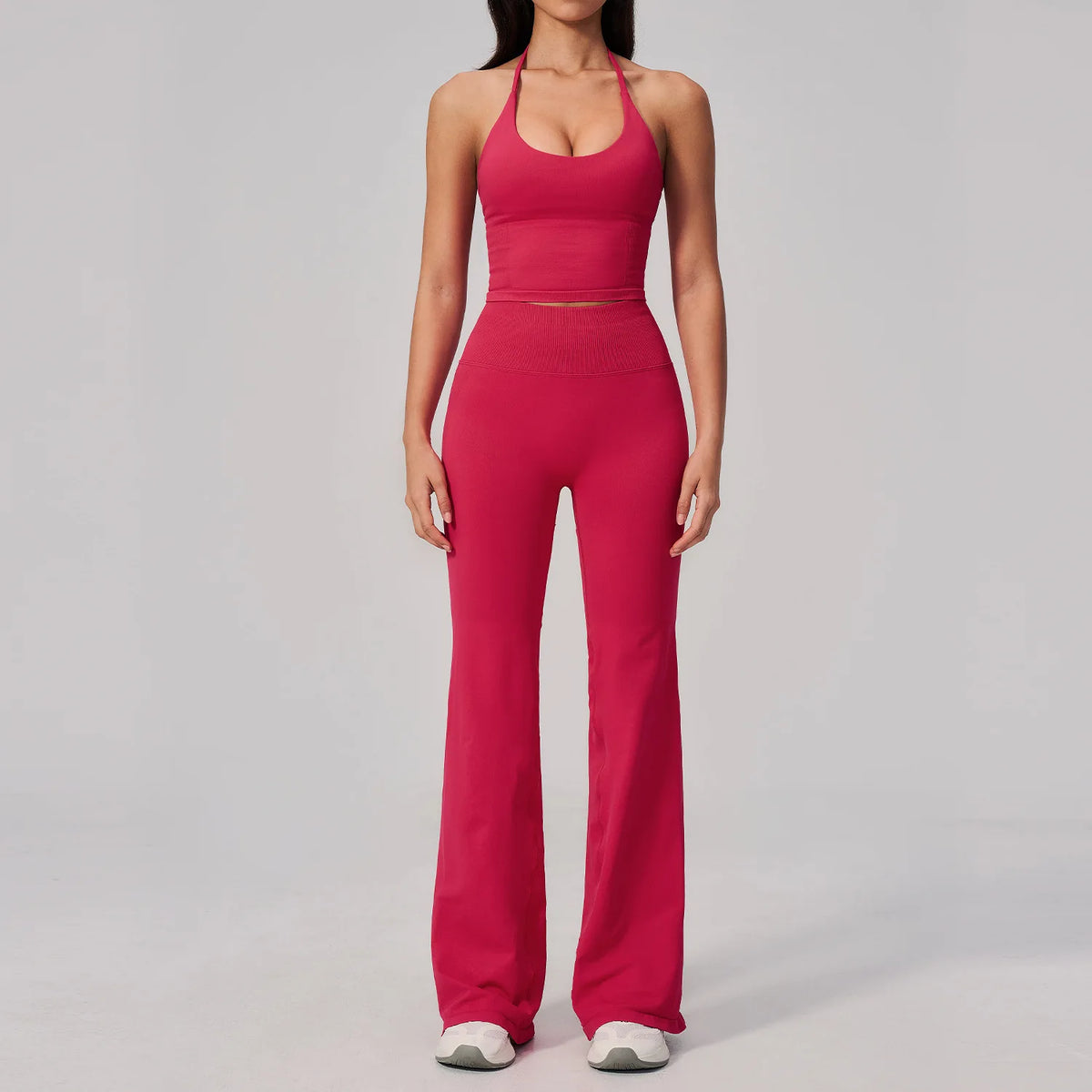 New Yoga Sets Women Summer Seamless Thread Hanging Neck Sports Vest Exercise Fitness Suit High Waist Wide Leg Pants Tracksuit