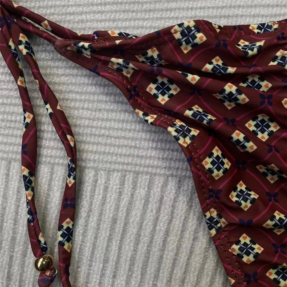 Sexy Brown Floral Print String Halter Triangle Bikini Micro Thong Swimsuits Women 2026 Swimwear Bathing Suit Bikinis Sets Mujer