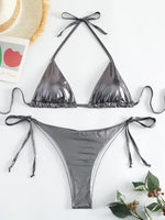 Sexy Shiny Pu Faux Leather Bikini 2025 Women Swimwear Female Swimsuit Two-pieces Bikini set String Bather Bathing Suit Swim Lady