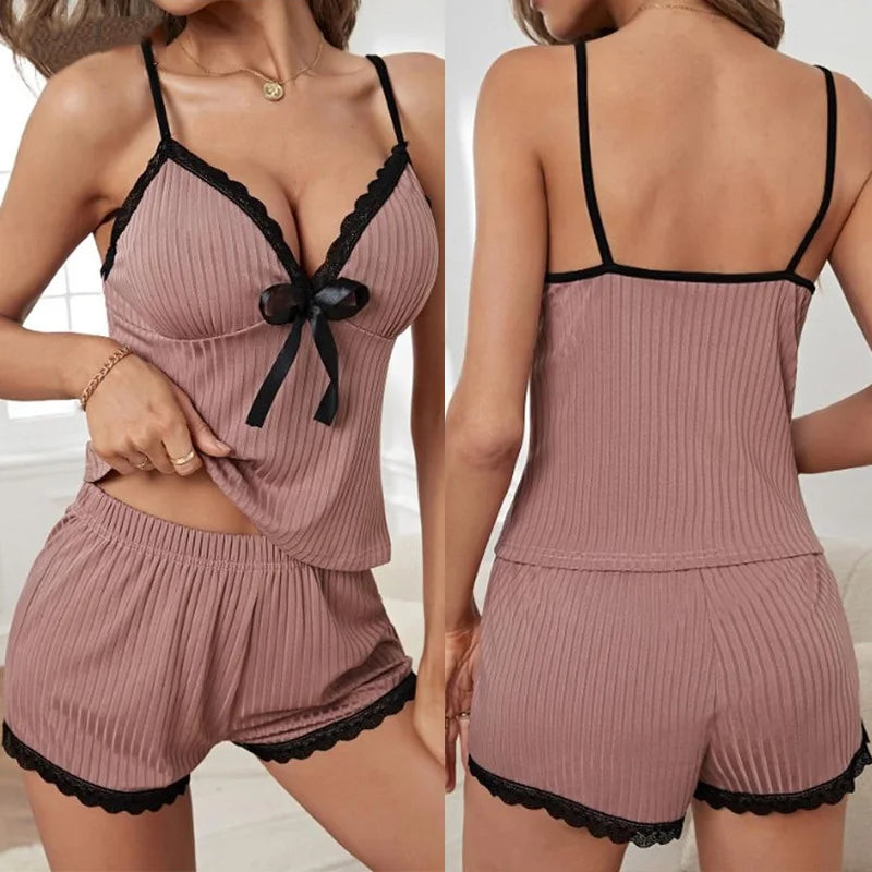 New Womens Sexy Ribbed Pajama Set Lace Trim Cami Top and Shorts Two Piece Sleepwear Loungewear V Neck with Bow Spaghetti Strap