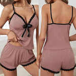 New Womens Sexy Ribbed Pajama Set Lace Trim Cami Top and Shorts Two Piece Sleepwear Loungewear V Neck with Bow Spaghetti Strap