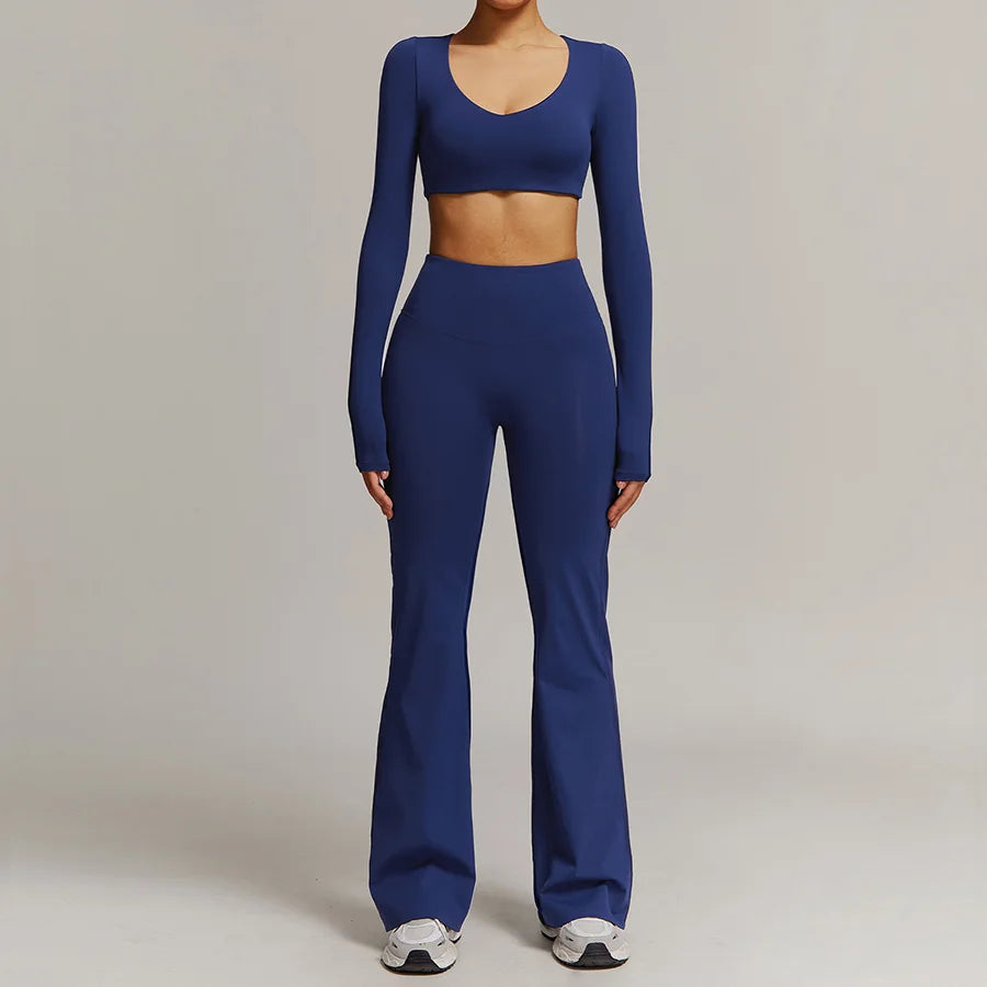 Women 2PCS Yoga Suit Sports Gym Set Tracksuit Workout Long Sleeve Shirt Fitness Flared leggings Short sleeve shorts running suit
