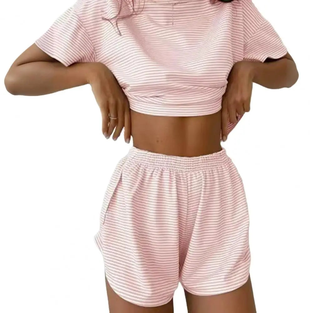 2 Pcs/Set Summer Sleepwear For Women Striped Printed Homewear Top Pants Suit Loose Short Sleeve T-shirt Elastic Waist Shorts