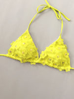 Women Yellow flower Bikinis Sets Three Pieces with Perspective Mesh Cover Skirt Halter String Swimsuit Bathing Suit Biquini