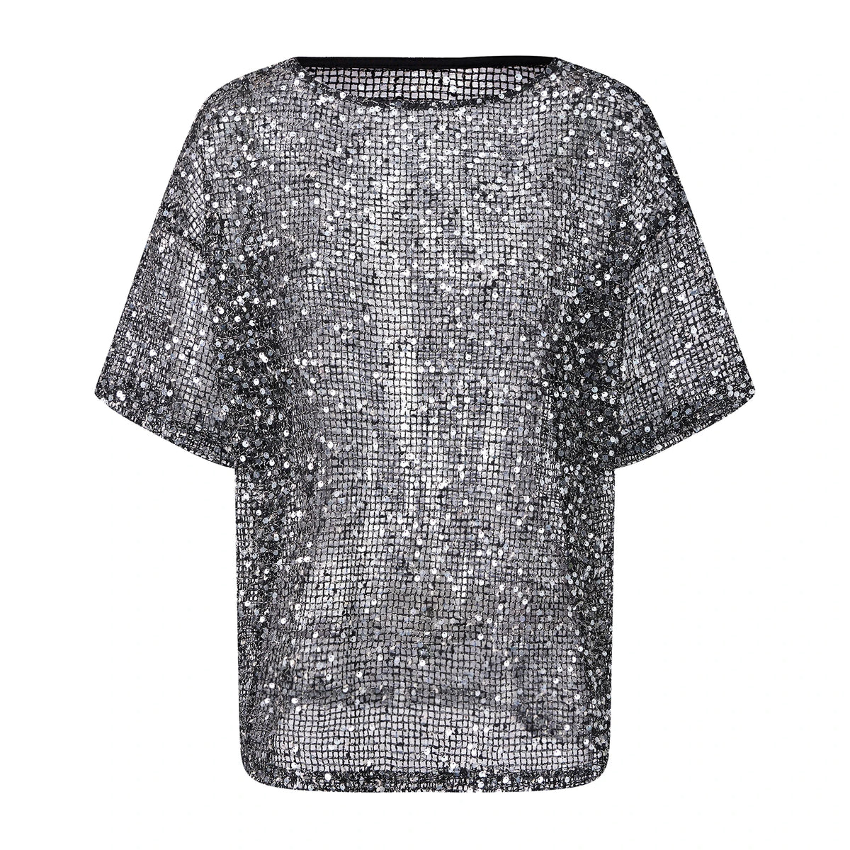 Summer Women's Fishnet T-shirt Casual Loose Fit Stylish Solid Color See Through Sequined Crew Neck Elbow Sleeve Tops