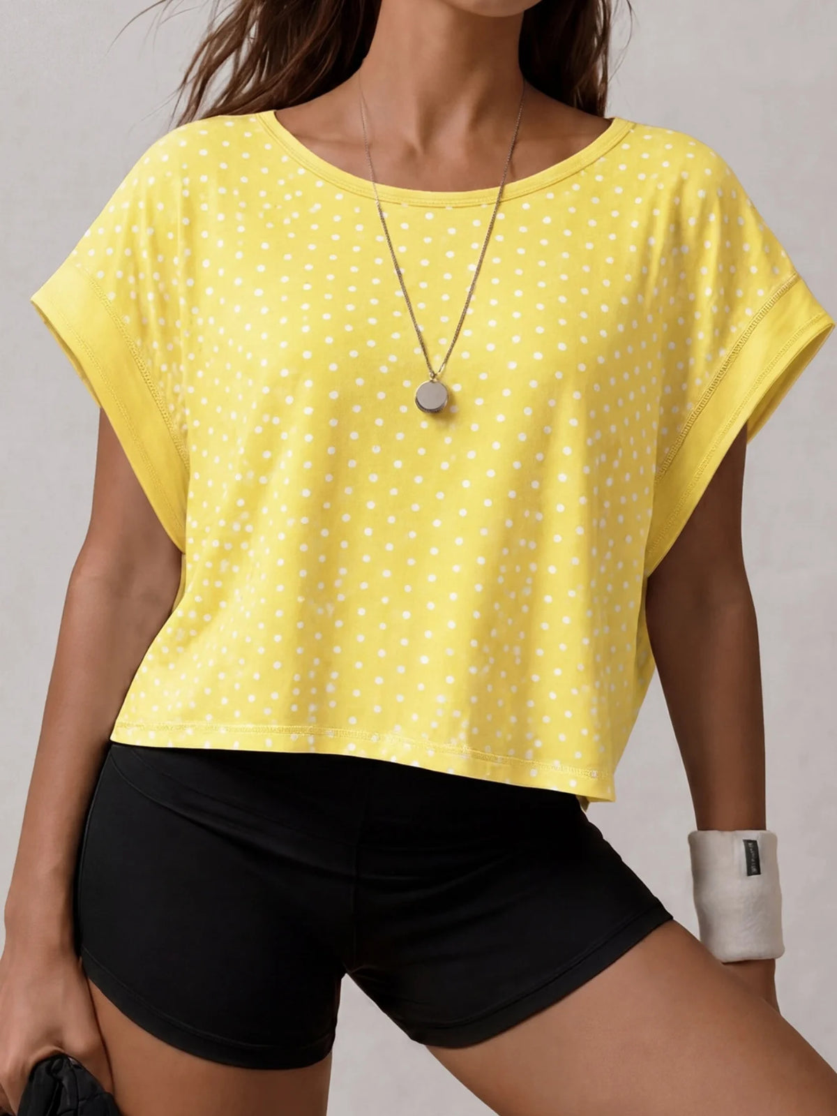 Summer Back Hollow Out Yoga T Shirts Women Polka Dot Print Short Sleeve Loose Sports Cover Up Breathable Training Fitness Tops