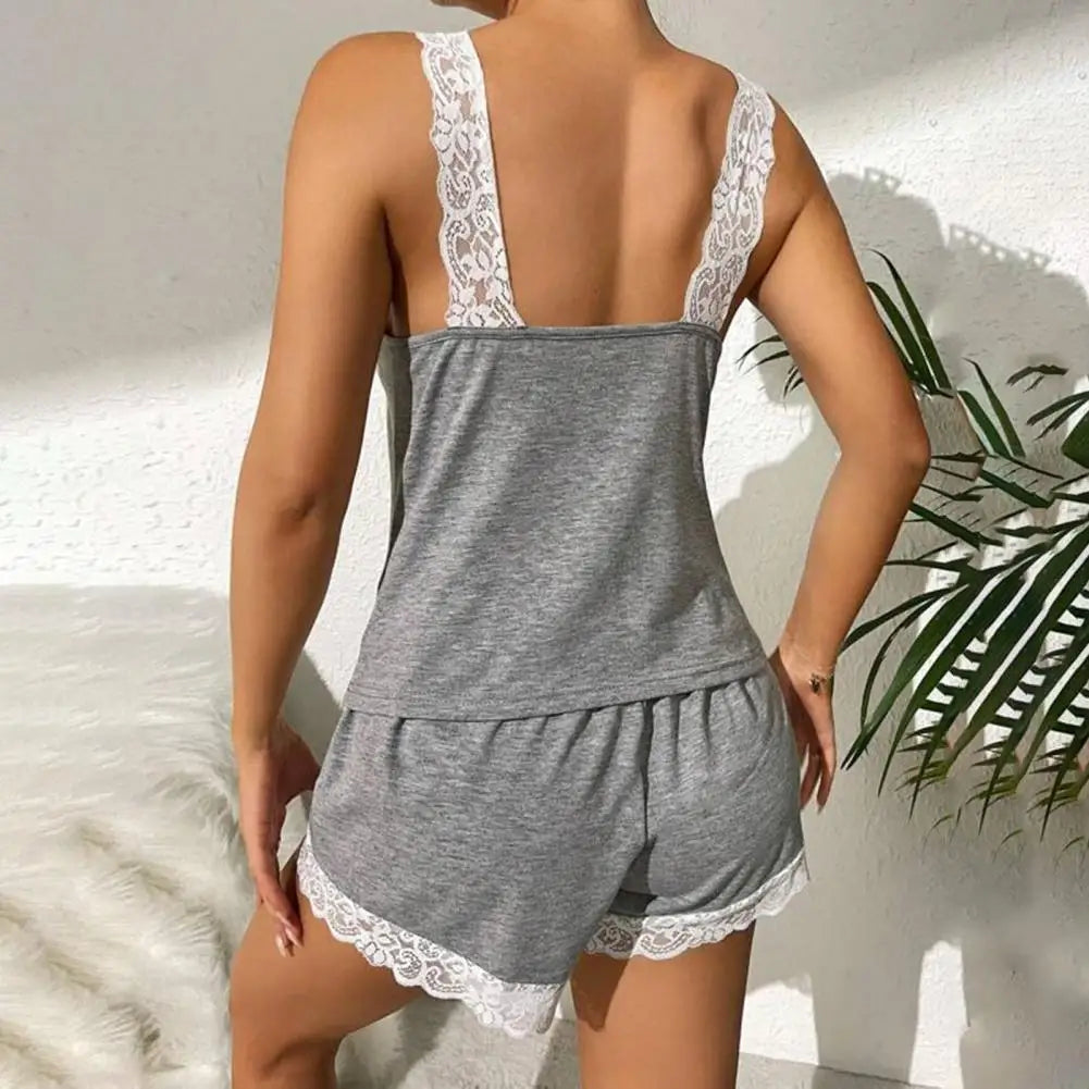 2pcs/set Women Pajama Set for Summer Lace Trim Tank Top Elastic Waist Shorts Set Sexy V Neck Sleeveless Sleepwear Homewear