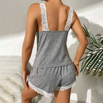 2pcs/set Women Pajama Set for Summer Lace Trim Tank Top Elastic Waist Shorts Set Sexy V Neck Sleeveless Sleepwear Homewear