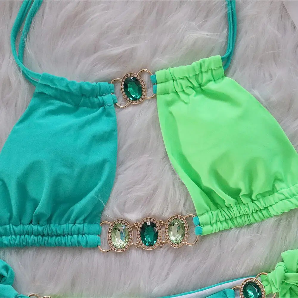 DEKA Splicing Halter Jewelled Diamond Bikini Women Swimsuit Female Swimwear Two Pieces Bikini Set Hollow Out Bathing Suit