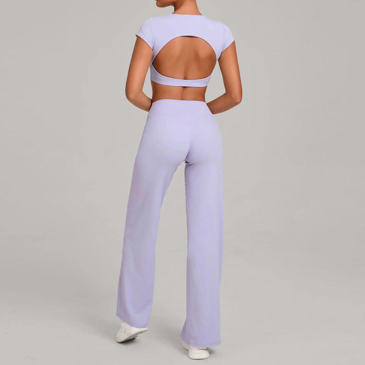 Women's Tracksuit Yoga Sets Back Hollow Out Short Sleeve Sports Shirts High Waist Straight Leg Pants Gym Running Fitness Suits