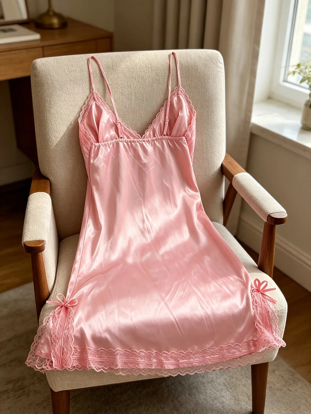 Women Satin Nightgown Lace Trim Spaghetti Strap V Neck Mini Slip Dress Soft Sleepwear Home Pajama Dress