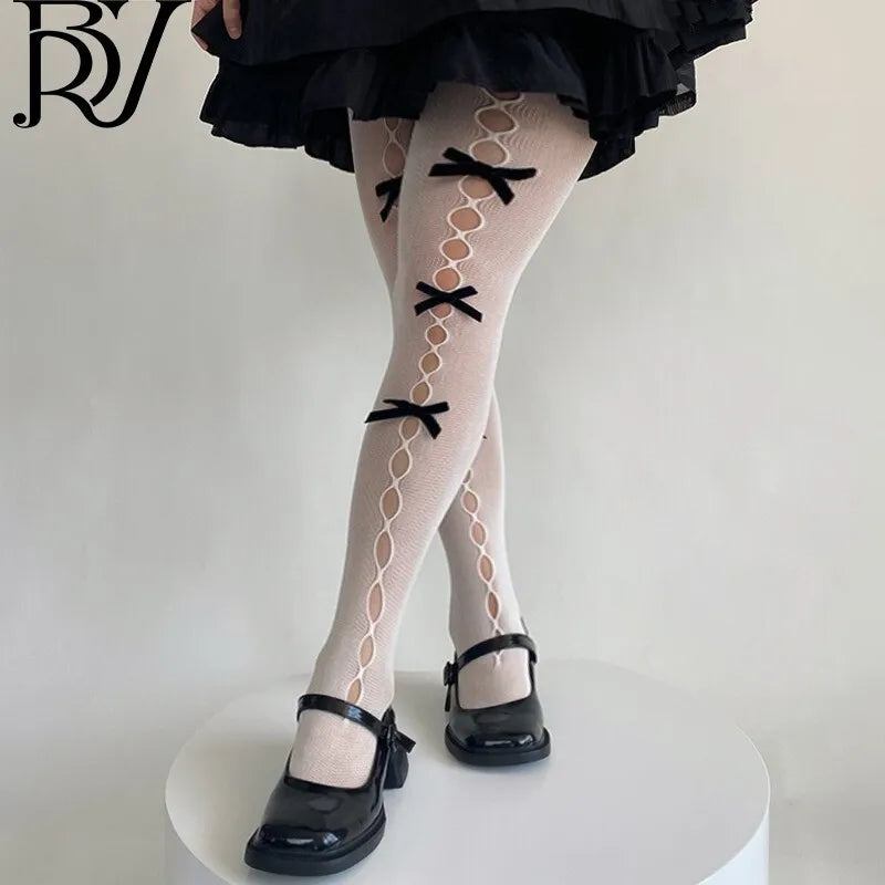 Lolita Bowknot Fishnet Stockings For Women Charming JK Fishnet Stockings White Pantyhose Sexy Hollow Out Pantyhose Elegant SC2U