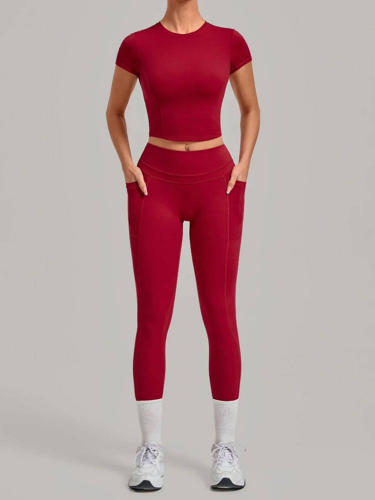 Women Tracksuit Yoga Sets Short Sleeve Slim Sports T Shirts Workout Clothes Outdoor Tight High Waist Pocket Pants Fitness Suits