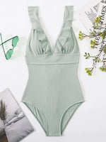 2026 Ruffle Swimsuit One Piece Solid V-neck Backless Swimwear Women Bathing Swimming Swim Suit Female Padded Beach Wear Summer