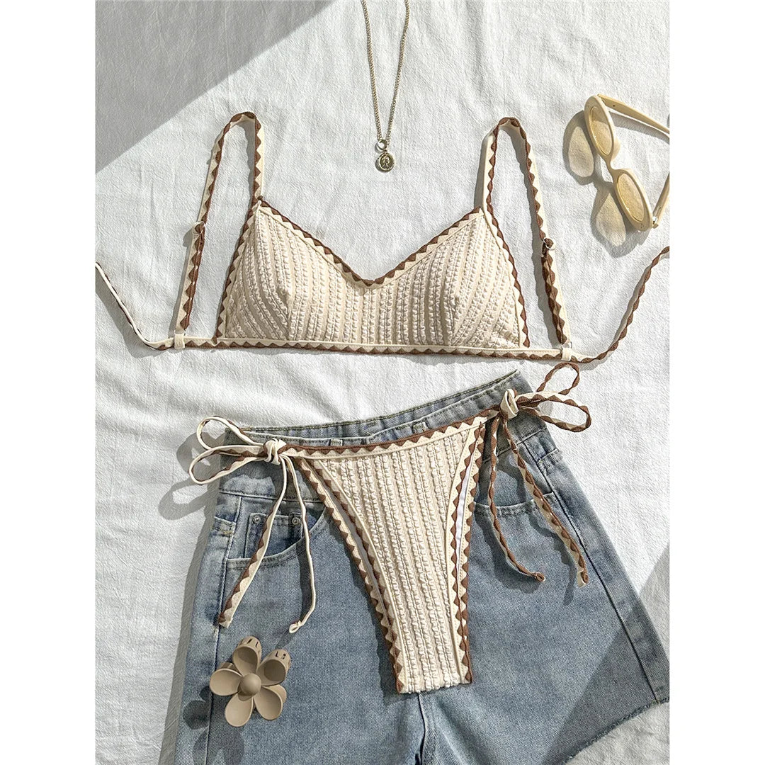 Wrinkled Crinkled Bikini Women Swimwear Female Swimsuit Two-pieces Bikini Set High Leg Cut Padded Bather Bathing Suit Swim V8029