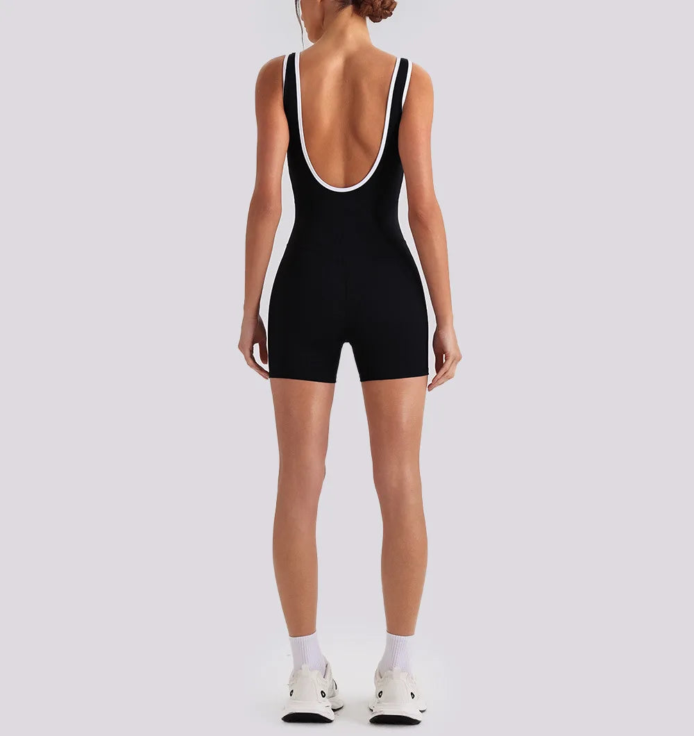 Sexy Sleeveless Backless Scrunch Yoga Jumpsuit Women Color-block U Neck Slim Sports One Piece Suits Tight Fitness Gym Overalls