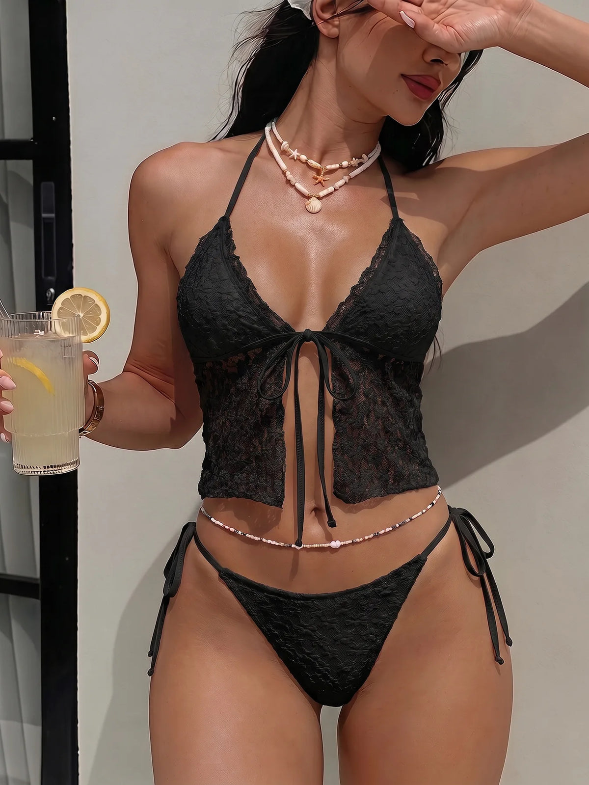 Sexy Black Triangle Bikini Set 2026 Women Lace Front Tie Push Up Crop Top Micro Swimsuit Beach Bathing Suit Two Piece Swimwear