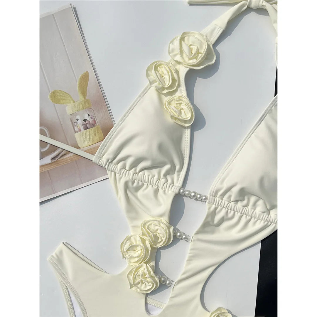 Pink Red Bather Bathing Suit Swim 3D Flower Deep V Neck One Piece Swimsuit Women Swimwear Female High Cut Leg Monokini V6986P