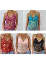 Women's Halter Neck Vest Summer Sleeveless Open Back Slim Fit Tie Up Sequins Tank Tops