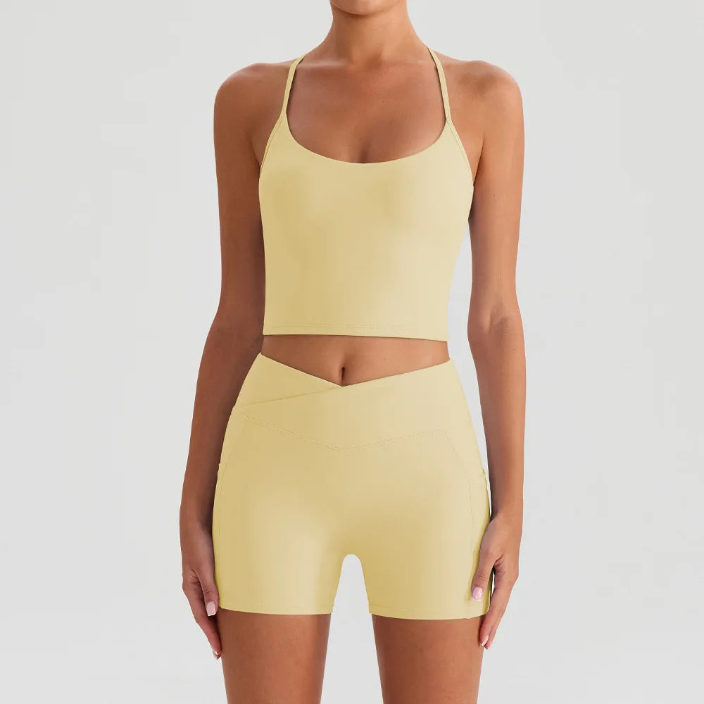 Yoga Shorts Sets Women Hanging Neck Hollow Back Sports T Shirts Sportsuit Gym High Waist Pocket Pants Fitness Workout Clothes