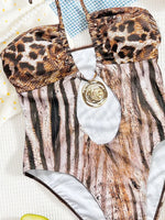 Sexy Brown Leopard Print Swimwear 2026 Women Metal Ring Linked Hollow Out Bandage Cross Bathing Suit One Piece Swimsuit Monokini