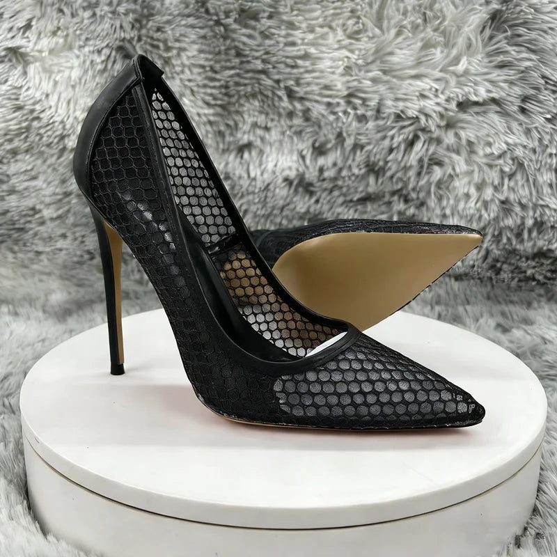 Women's Black Mesh Stiletto PumpsPointed Toe Hollow-Out High Heels, Sexy Sheer Dress Shoes for Party, Club, and Evening Even