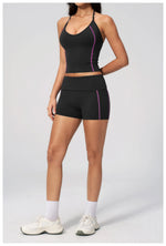 2PCS Women Yoga Sets Color Contrast Hanging Neck V Neck Slimming Sports Tank Top Flip High Waist Shorts Gym Running Fitness Suit