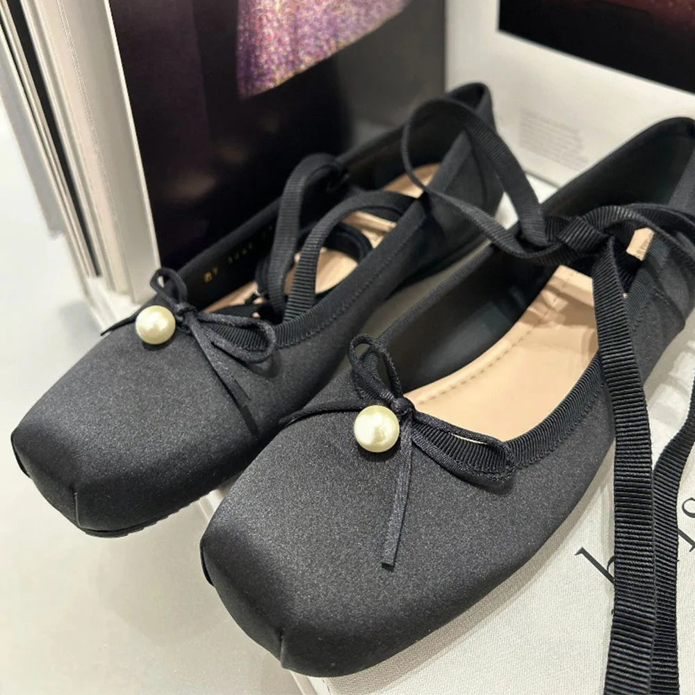 2025 Summer Cute Square Toe Ballet Flats Shoes Women with Riband Sweet Satin Slip On Comfortable sole Office Lady Daily Shoes