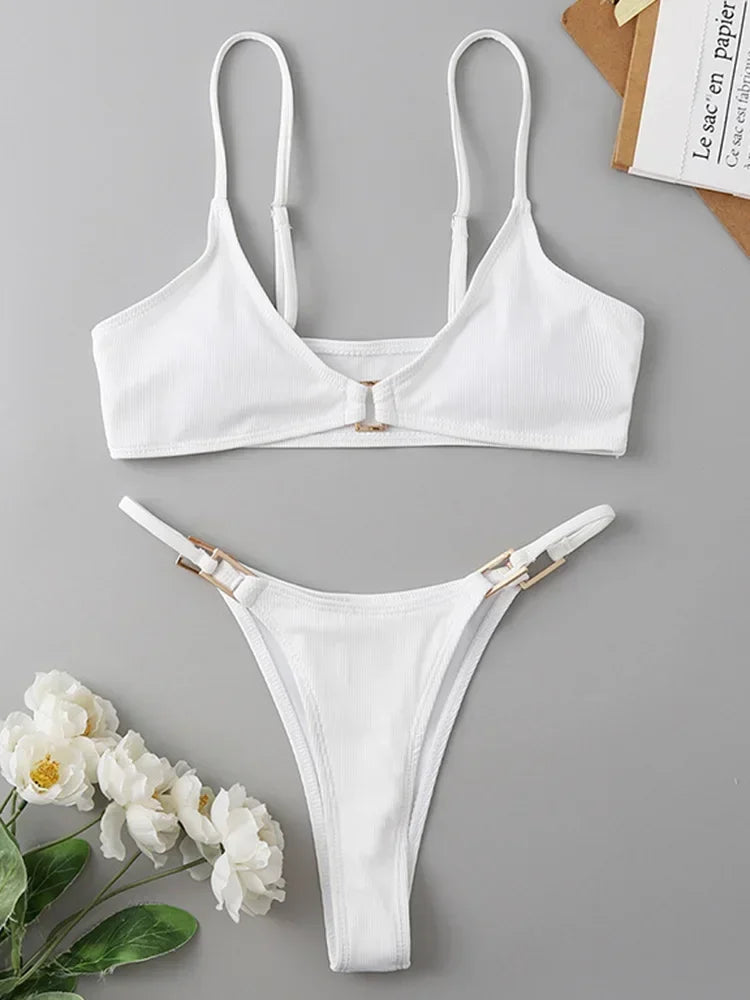 Sexy Ribbed Metal Rings High Cut Bikini Female Swimsuit Women Swimwear Two-pieces Bikini Set Micro Thong Bathing Suit Swim Lady