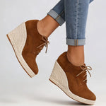 2026 Big Size 43 Vintage Brown Black Pointy Toe Lace-up High Heels Espadrilles Pumps Comfy Walk Office Lady Wedges Shoes Women