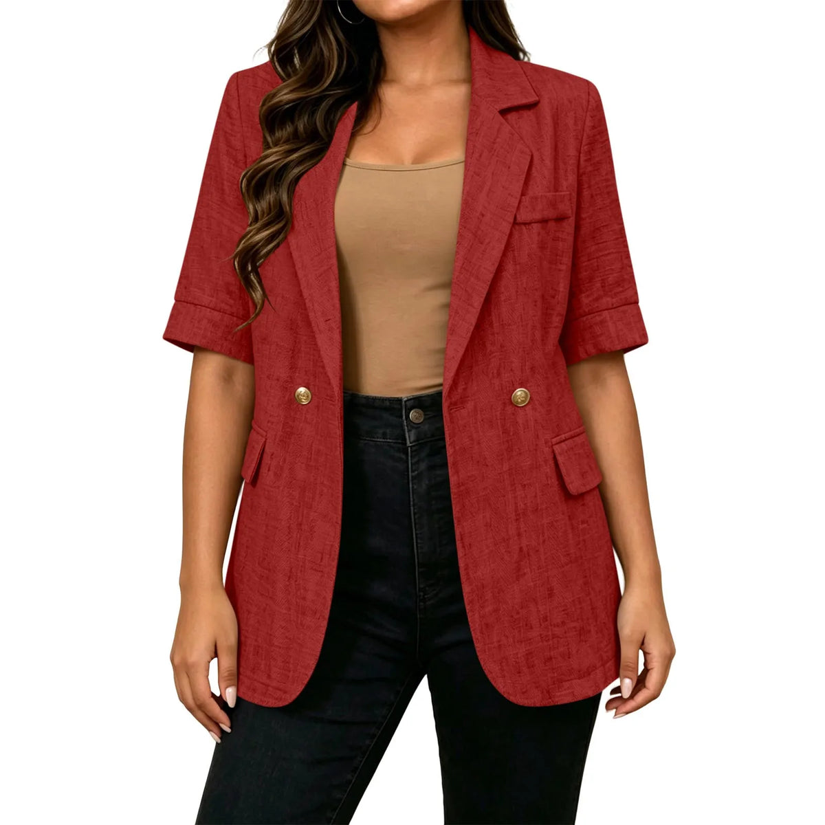 Women Textured Blazer Jacket Lapel Collar Double Breasted Half Sleeve Pocket Loose Suit Coat Elegant Office Summer Outerwear