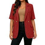 Women Textured Blazer Jacket Lapel Collar Double Breasted Half Sleeve Pocket Loose Suit Coat Elegant Office Summer Outerwear