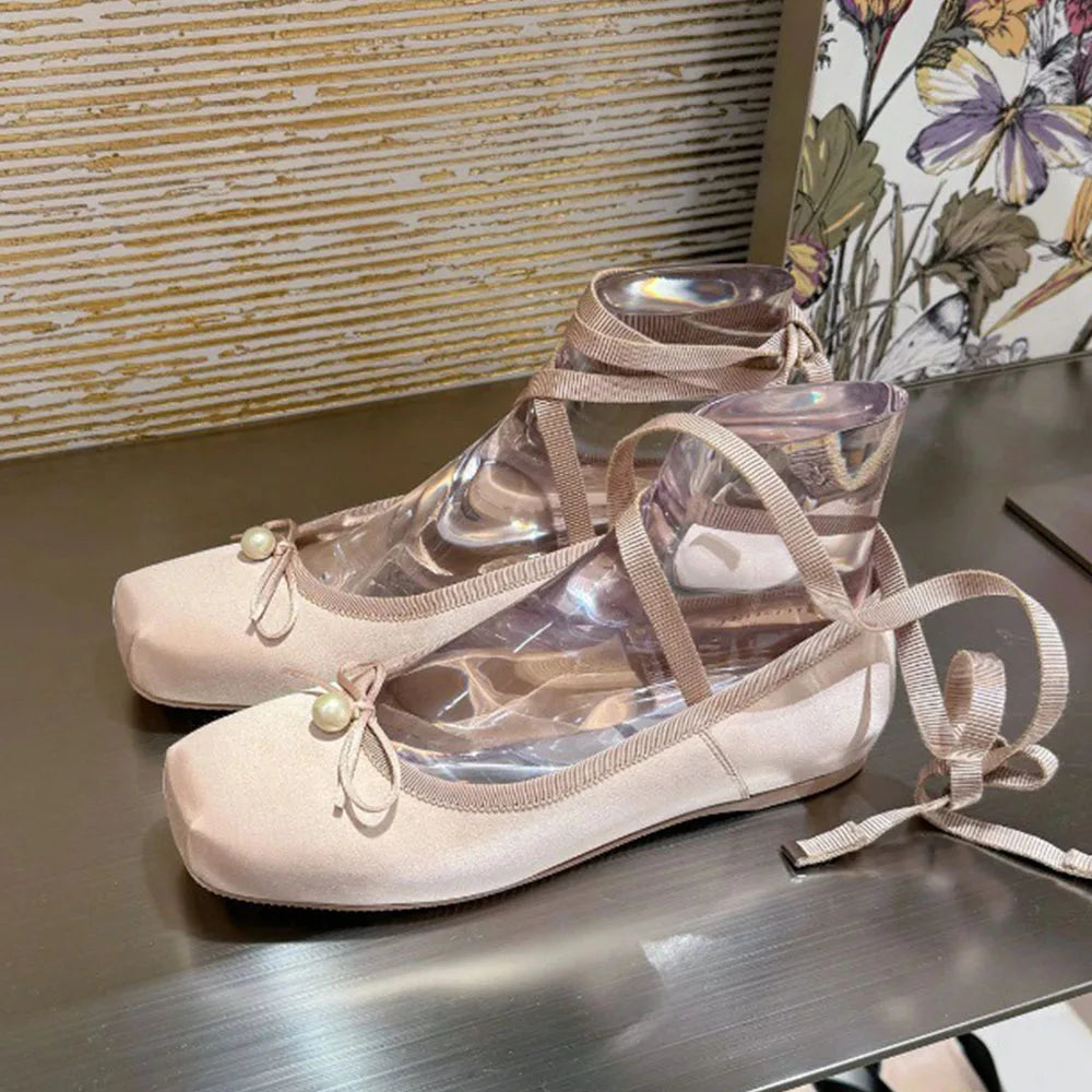 2025 Summer Cute Square Toe Ballet Flats Shoes Women with Riband Sweet Satin Slip On Comfortable sole Office Lady Daily Shoes