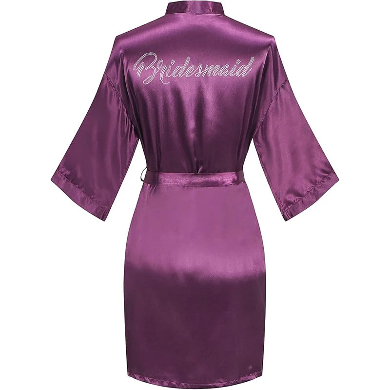 Women's Satin Kimono Robes with Rhinestones Bride Bridesmaid Short Getting Ready Wedding Dressing Gown